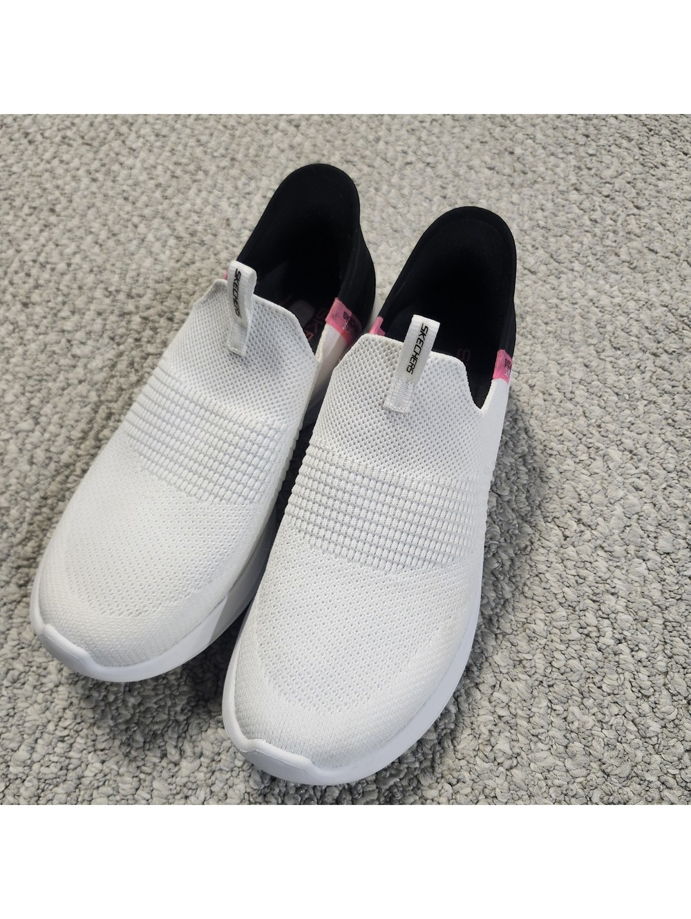 Skechers Slip-On White and Black Knit Sneakers with Pink Accents Size 6.5 - Picture 2 of 11